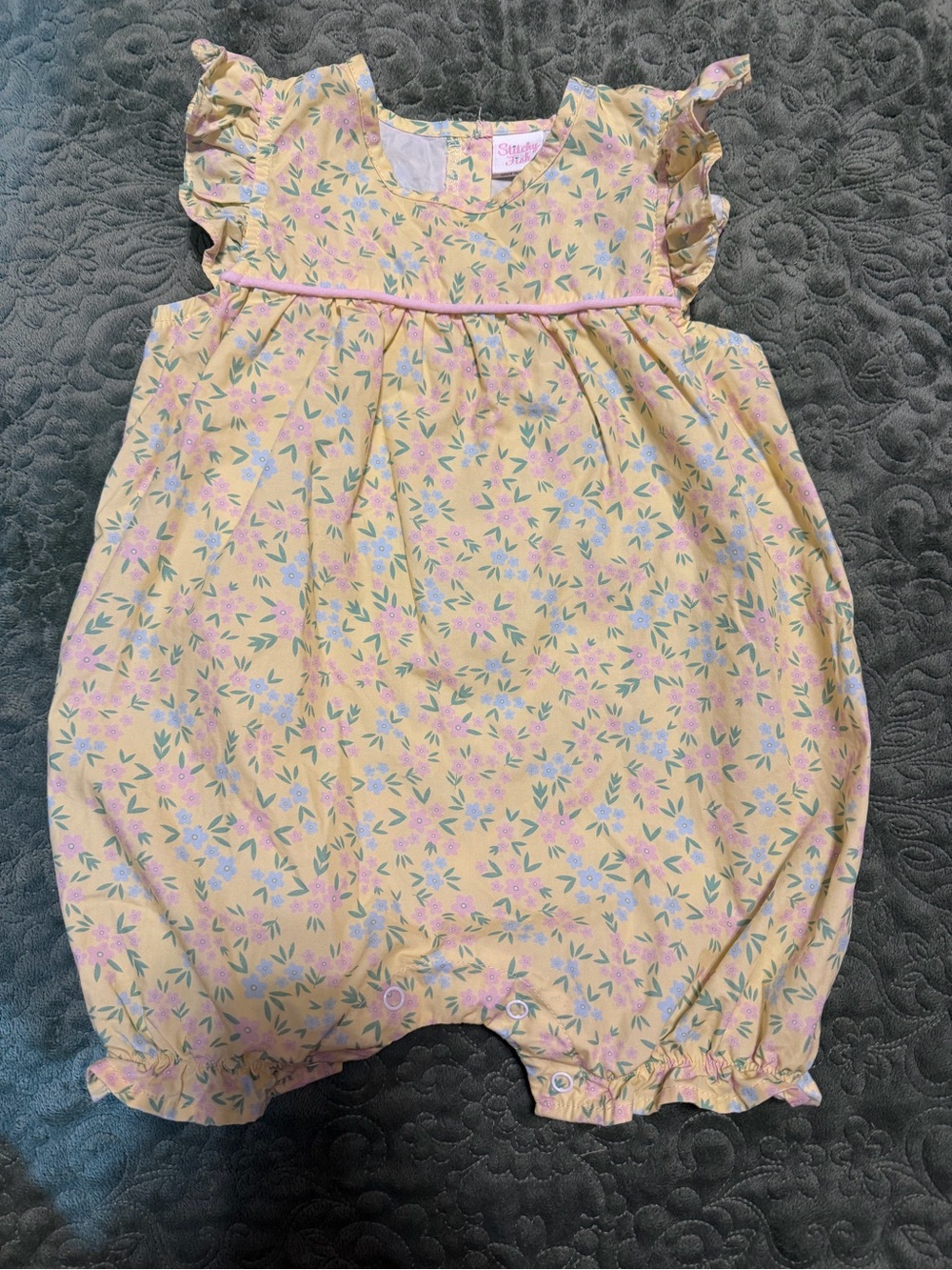 Stitchy fish 12m garden party yellow romper